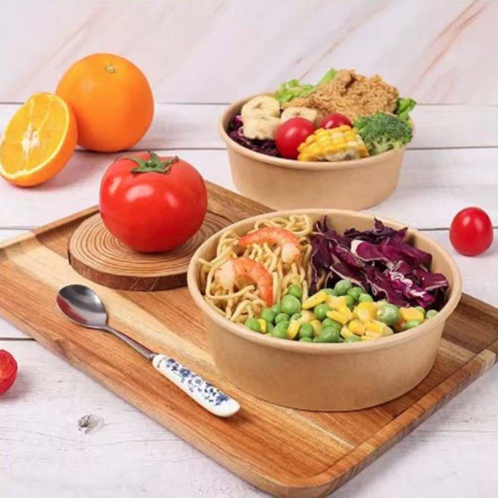 50pcs Kraft Paper Fast Food Package Box Round Rice Bowl Commercial Disposable Salad Bowl Soup