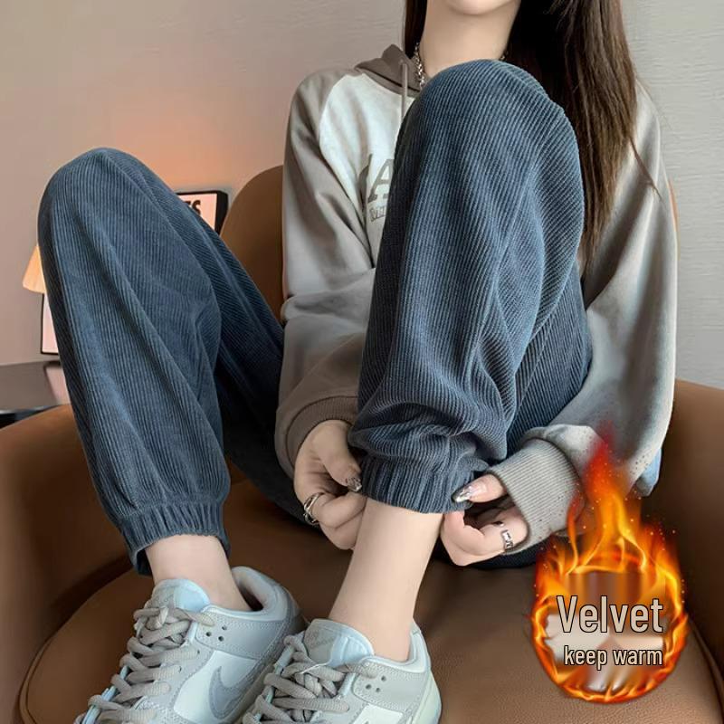 Petite Slimming Fleece-Lined Corduroy Joggers for Women - Cropped Drawstring Pants for Autumn/Winter Casual Sport