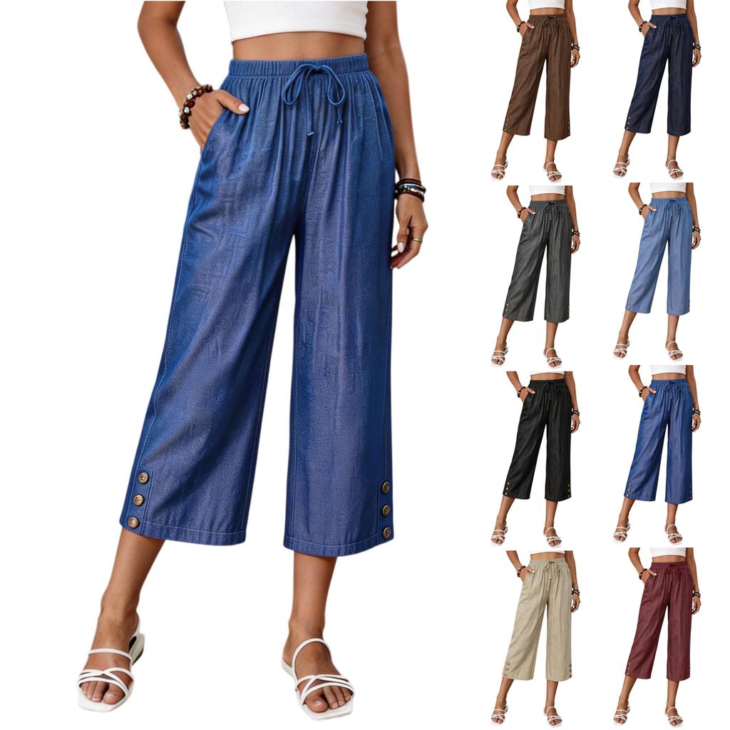 Women Drawstring Waist Loose Fit Cropped Pants with Pockets and Button Detail Casual Straight Leg Trousers