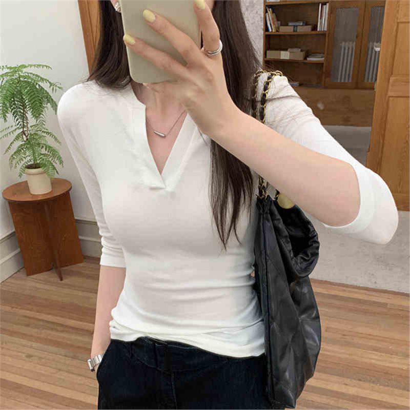 

260g Modal V-Neck Slim Fit Mid-Sleeve Women s Waist-Hugging Fashionable T-Shirt Medium