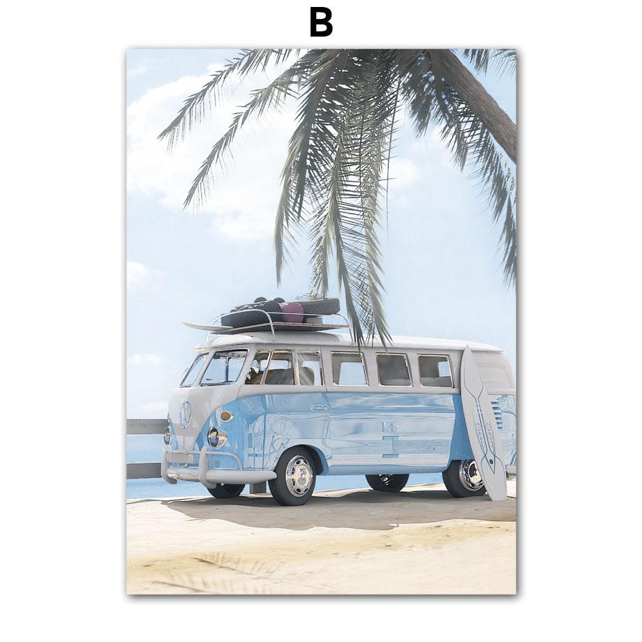 Ocean Beach Car Palm Tree Bird Seascape Wall Art Canvas Painting Nordic Posters And Prints Wall Pictures For Living Room Decor