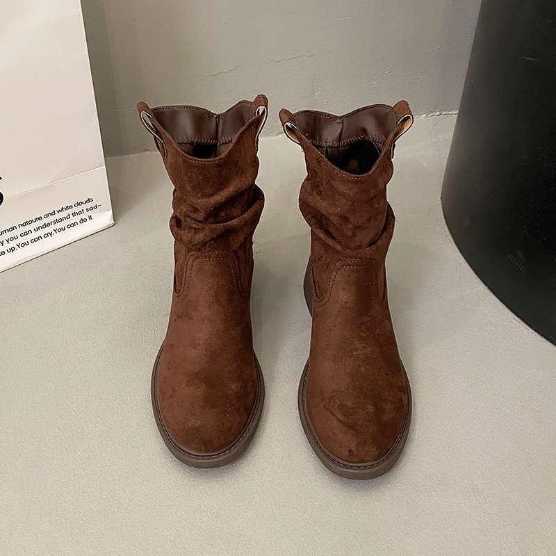 

Винтажные ковбойские сапоги в западном стиле женские осенние новые сапоги-чулки средней длины на наборном каблуке новые дорожные ботинки Мартин 38 темно-коричневого