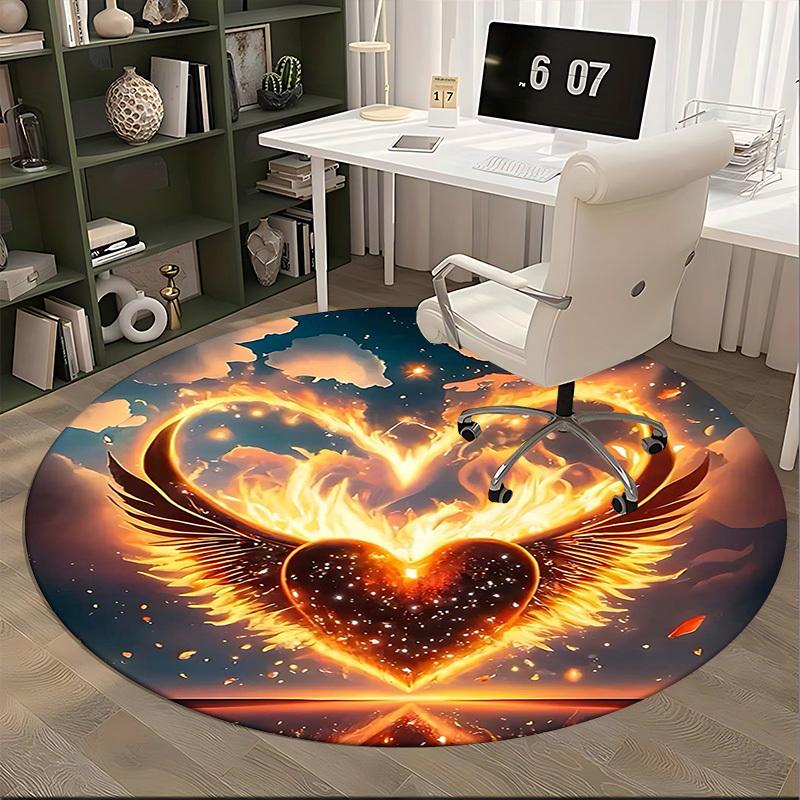1pc Flaming Heart with Wings Round Carpet Anime Design Office Chair Mat, Non Slip Rug for Home Decor, Gift, Office, Living Room, Bedroom