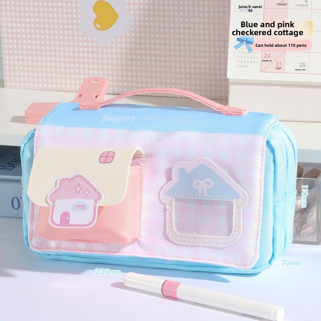 Cute Plaid Pencil Case With Large Capacity For School And Stationery Storage