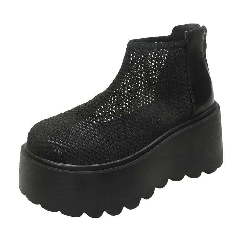 Mote Høye Hæler Kule Støvletter Sommer Ny Rund Tå Mesh Stoff Pustende Bakglidelås Vanntett Plattform Sklisikre Kilehæler