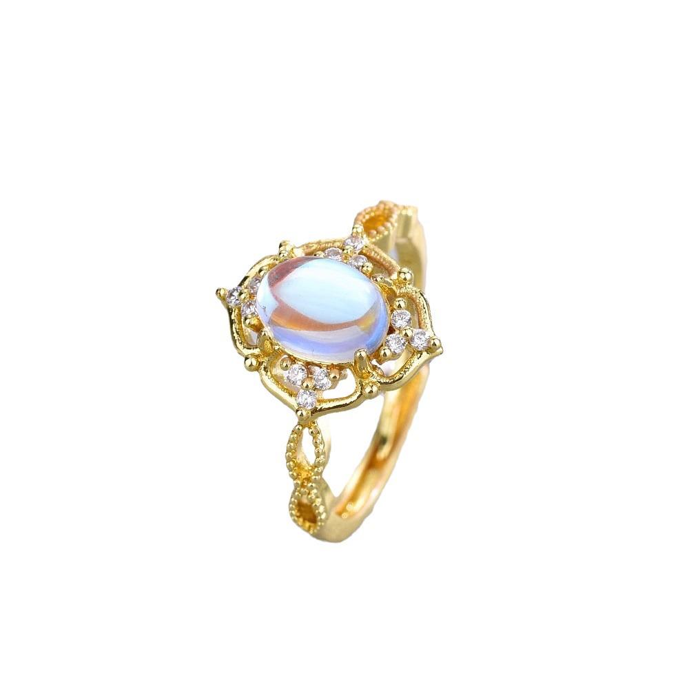 Women's Adjustable Moonstone Band Ring - Light Luxury & Retro Style, Personalized Open Design for Index Finger
