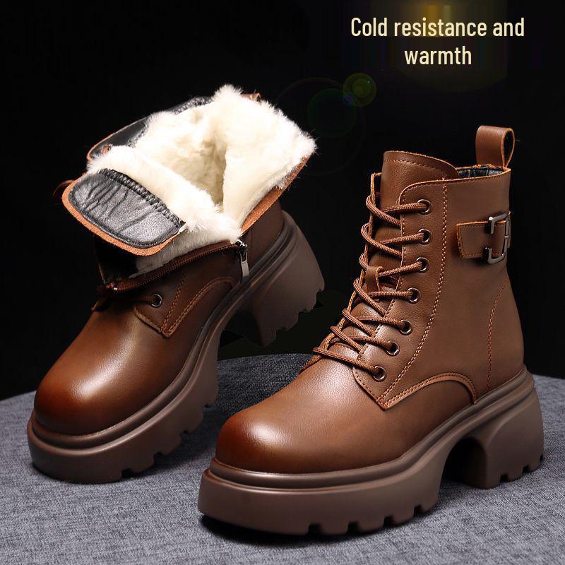Women's Winter Leather Snow Boots, Thick Sole, Fleece-Lined, Warm Cotton Martin Ankle Boots