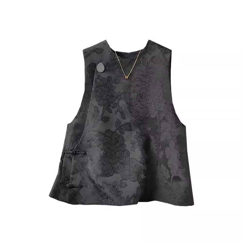 2024 Frühling Retro Schwarz Jacquard Chinesische Weste mit Froschverschluss für Damen