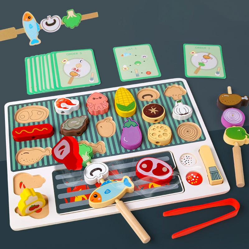 Montessori Wooden Pretend Play Kitchen Toys Dessert Puzzle Toys Simulation Barbecue Pretend Role Indoor Game For Toddlers Age 3+