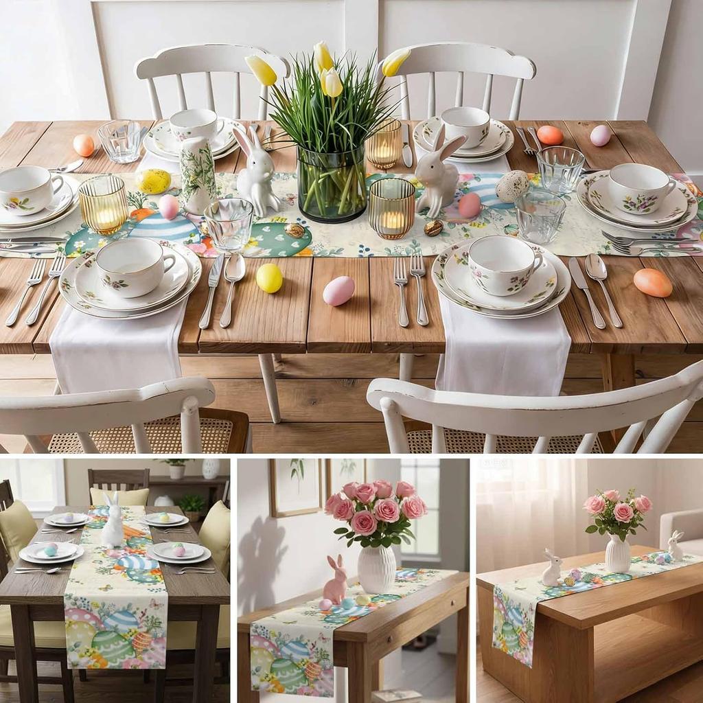 Easter Egg Linen Table Runner Home Party Decor Spring Spring Watercolor Floral Butterfly Plants Table Runners Easter Decorations