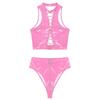 Women Hollow Out Front Tie Up Crop Top with Zipper Crotch High Waist Panties Glossy PU Leather Clubwear for Pole Dancing Rave Party