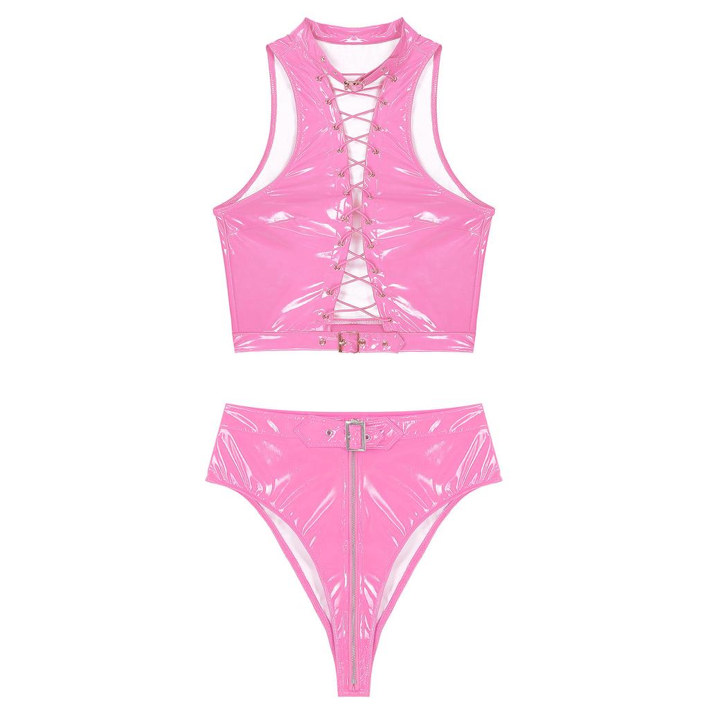 Women Hollow Out Front Tie Up Crop Top with Zipper Crotch High Waist Panties Glossy PU Leather Clubwear for Pole Dancing Rave Party