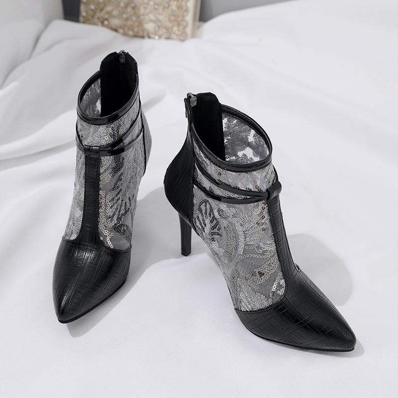 

Внешнеторговые сетчатые крутые ботинки на высоком каблуке 2025 весна и лето новая тонкая шпилька с острым носком задняя молния с пайетками большие размеры высокие каблуки 42 чёрный