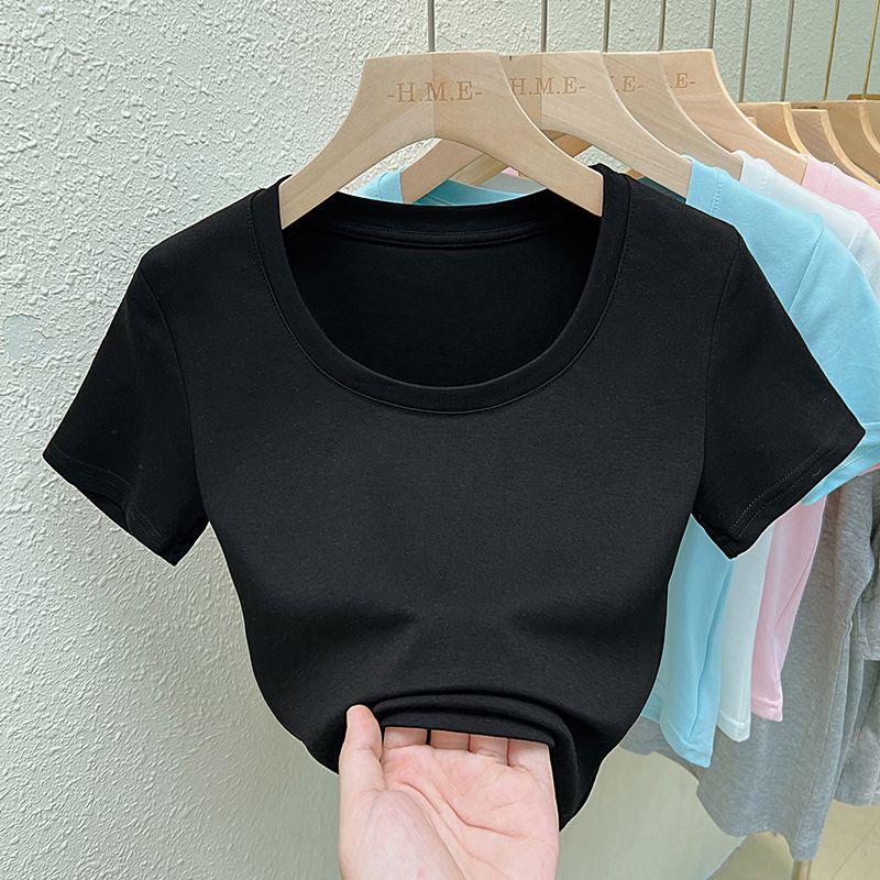 Real Shot Pure Color round Neck Cotton Short Sleeve T-shirt Summer New Arrival Women's Low Collar Pure Color Short Tops Plaid Inner Wear