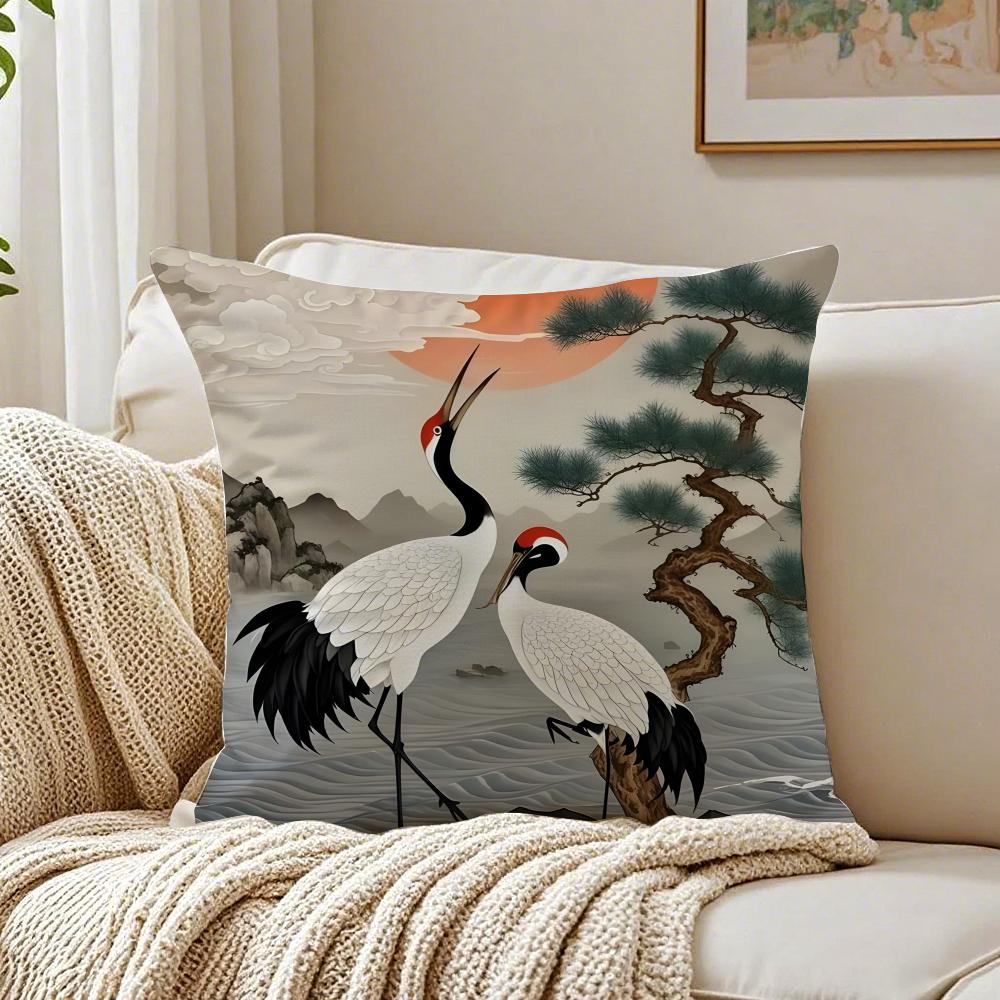 Chinese Classical Elegant Red Crowned Cranes Art  Cushion Cover Pillowcase Antidustmite Living Room Sofa Decor Cushion Room
