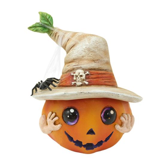 Halloween Pumpkin Ornament Spooky Resin Pumpkin Statue with Hat Spider Skull for Halloween Home Tabletop Decor