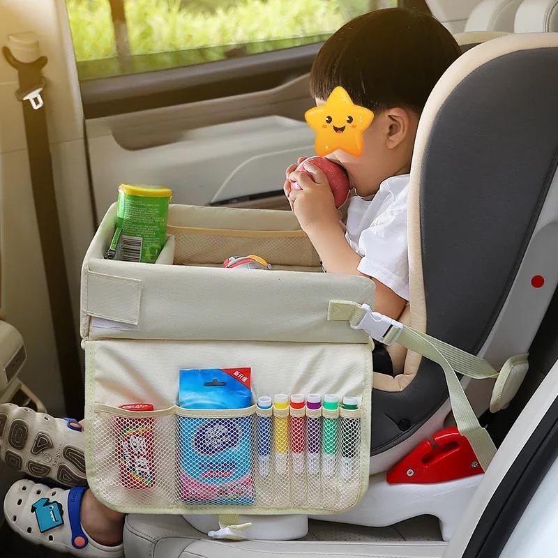 Premium Kids Car Seat Travel Tray Foldable Multiple Pockets Waterproof Portable Carseat Table Lap Tray for Dining Drawing Play Activity