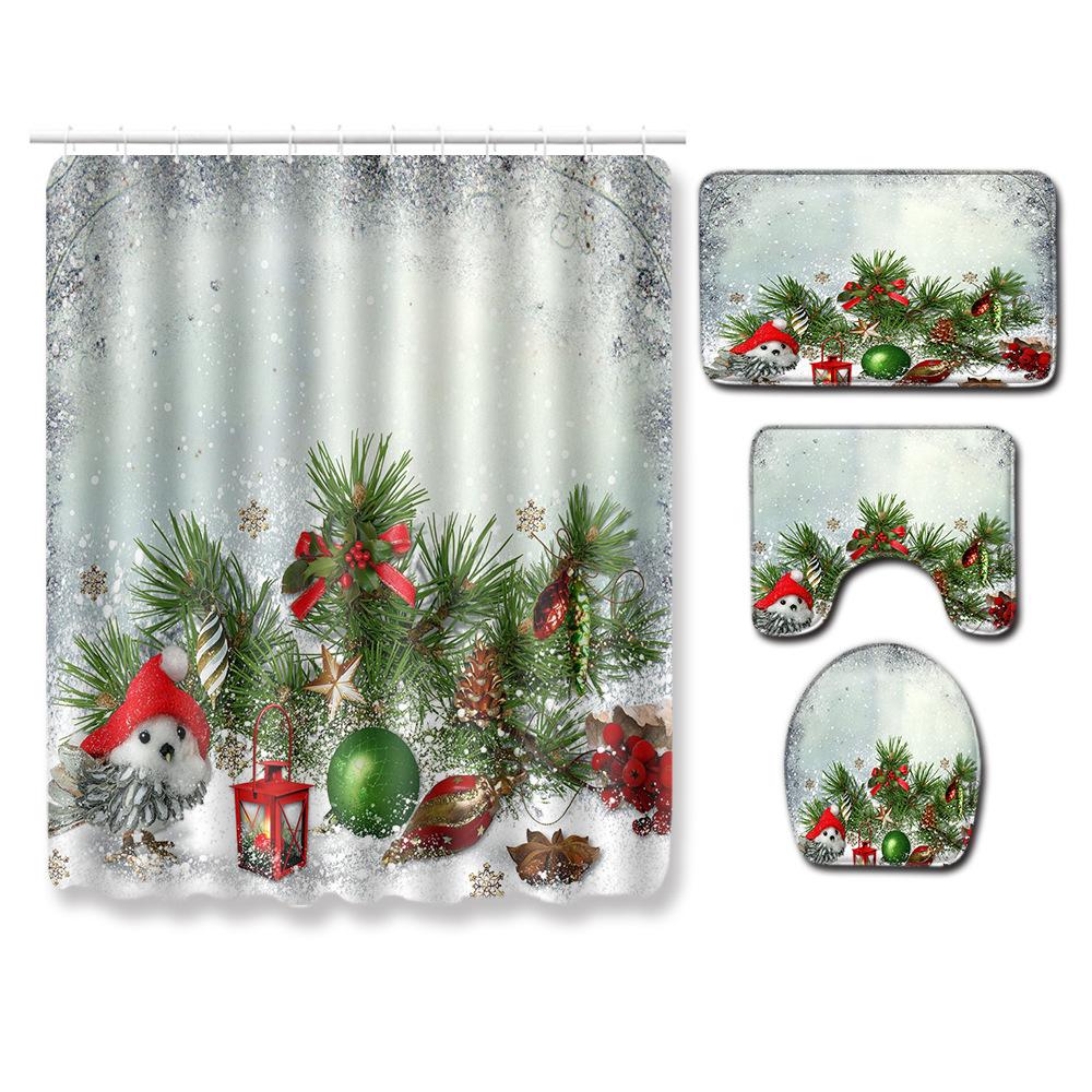 Christmas Four-Piece Shower Curtain Combination Floor Mat Set Bathroom Non-Slip Door Mat Absorbent Carpet