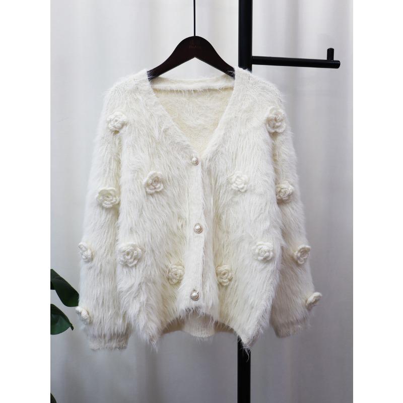 

Трехмерный вязаный кардиган из имитации норкового бархата с цветочным узором, женский осенний новый, с маленьким ароматным темпераментом, свободный, мягкий и восковой свитер-жакет one size fits all