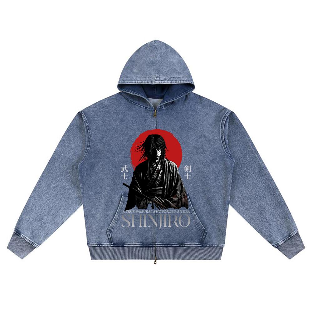 DTG-Druck Gestrickter Denim Zip-Up Hoodie Japan Samurai Bruder Druck Reißverschluss Hoodies