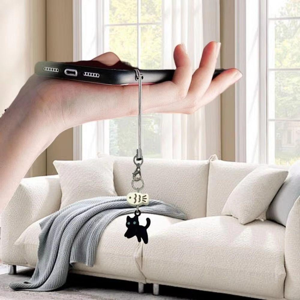 Cellphone Lanyard Black Cat Pendant Keyring Key Chain Mobile Phone Chain Schoolbag