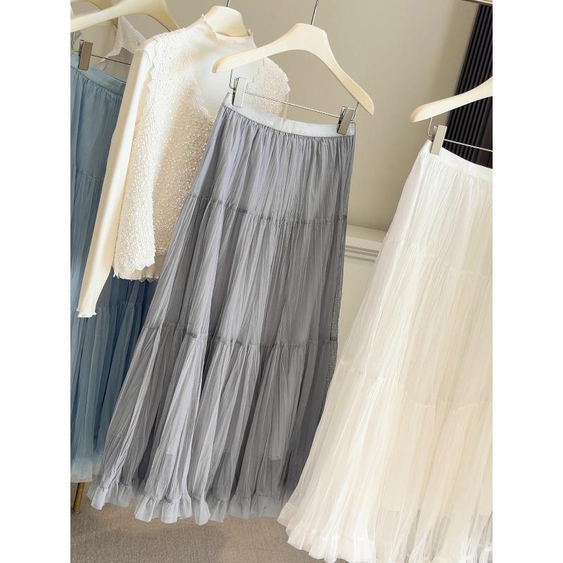 Spring High Waist Ruffle Leaf Edge Mesh Big Swing Skirt Women's New Gentle and Thin A-shaped Long Skirt