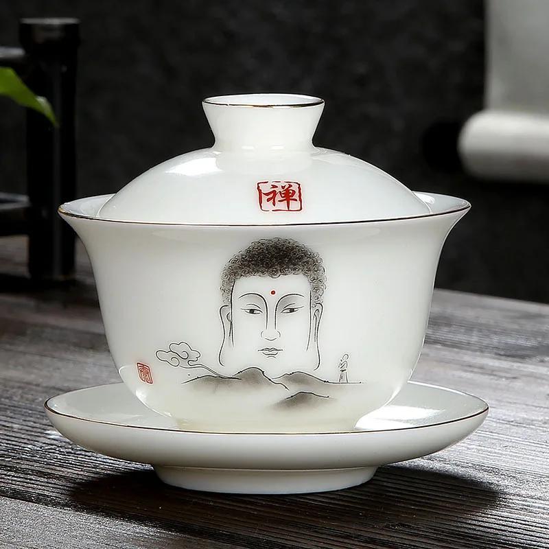 White Jade Porcelain Tea Bowl, Tea Cup and Saucer, Gaiwan, High-End Chinese Household Tea Set, Ceramic Puer Teacups, Tureen
