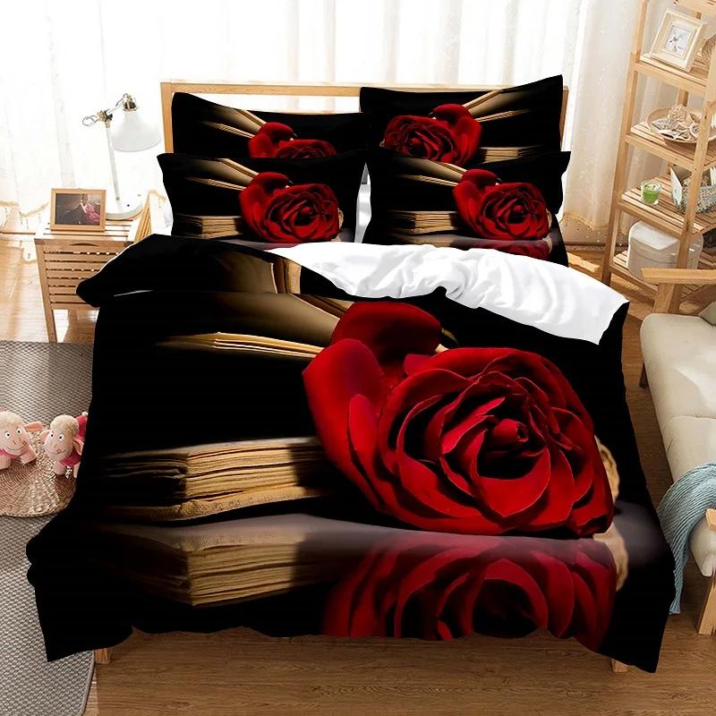 Comforter Red Rose Twin King Size Romantic Floral Bedding Set Flower Comforter With 2 For Valentine'S Day