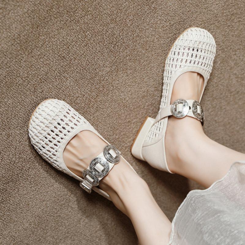 Woven Hollow Shoes Niche Mesh Toe Shoes Metal Buckle One-strap Women's Shoes Round Toe Flat Mary Jane Shoes
