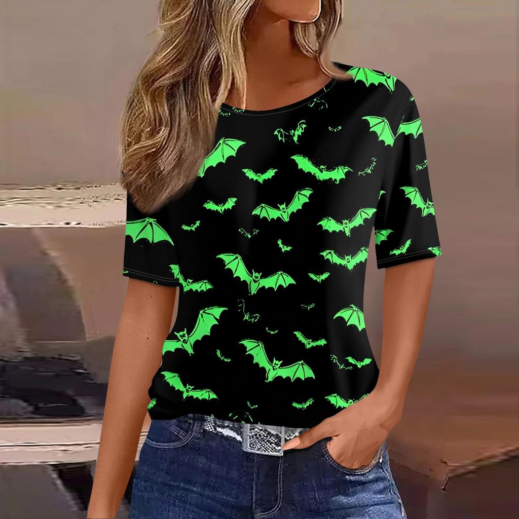 Women's Casual Short Sleeve Pullover Top Halloween Print Bat Pumpkin Ghost Spider Web Round Neck Shirt