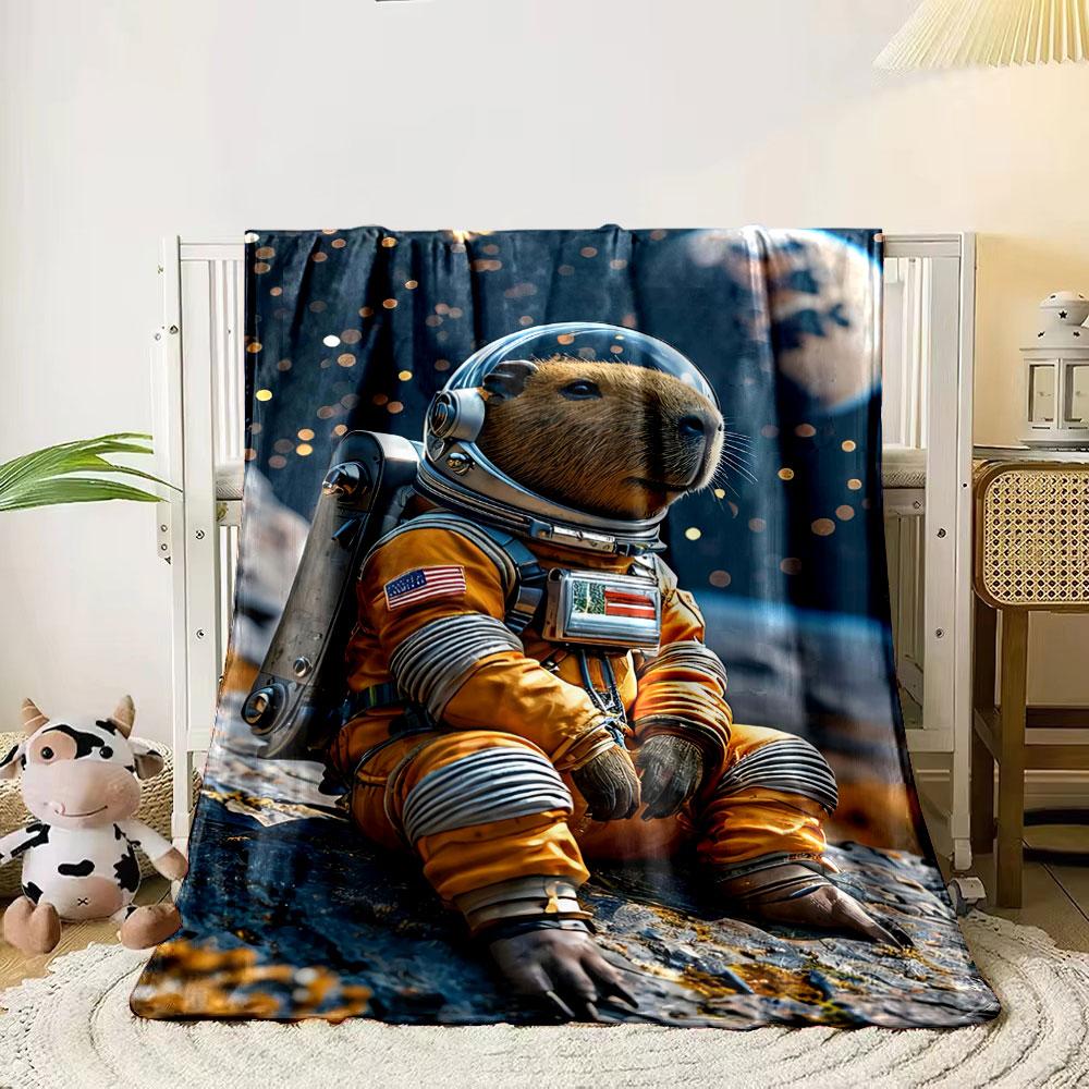 Capybara in a bright astronaut suit with stars and planets in the background. for all seasons blanket lunch break throw gift 80cm x 120cm