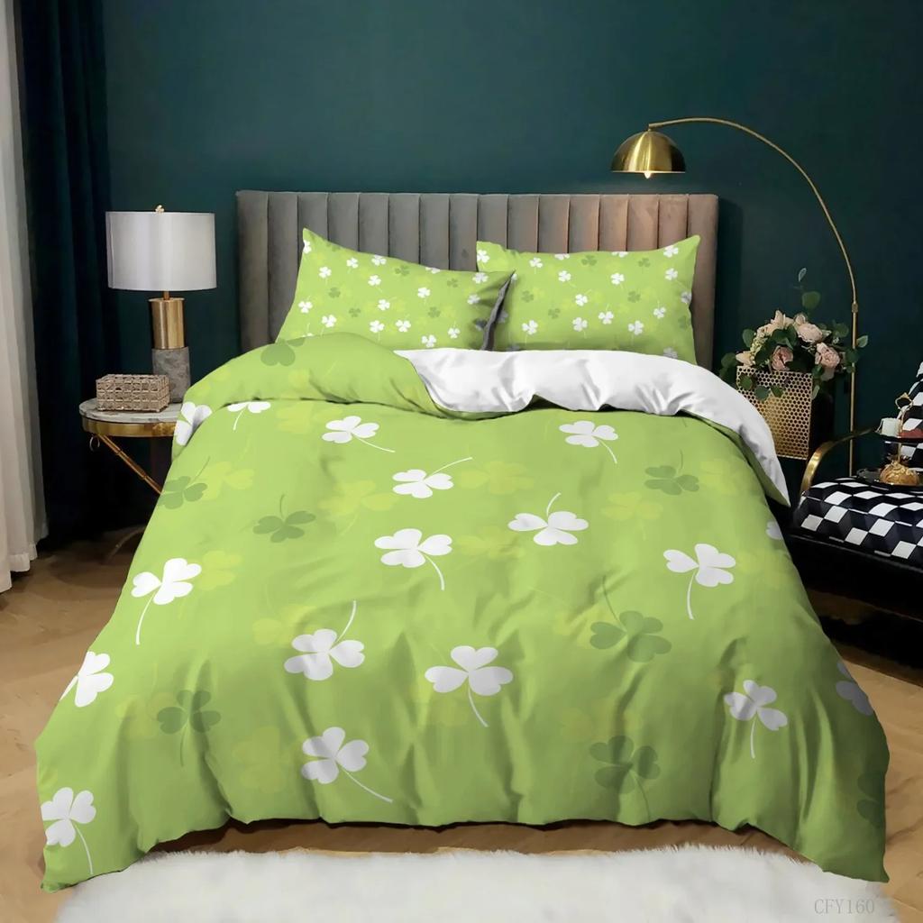 Lucky Green Leaves Duvet Cover King Queen Size Four Leaf Shamrock Clover Irish Culture Bedding Set Soft Polyester