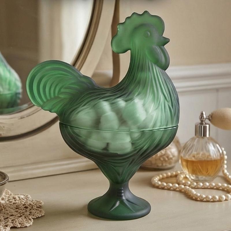 Glass Rooster Sculpture Candy Jar Dish With Lid Multifunctional Covered Bowl Dessert Plate Easter Farmhouse Decors Gift