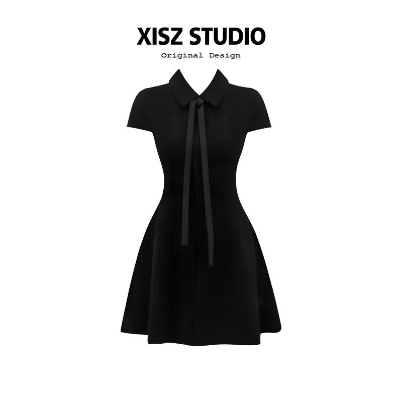 Hepburn Style Elegant Polo Collar Black Waist Hugging Dress Women Summer Fashion Western Style High-Grade Slimming Black Dress Black S