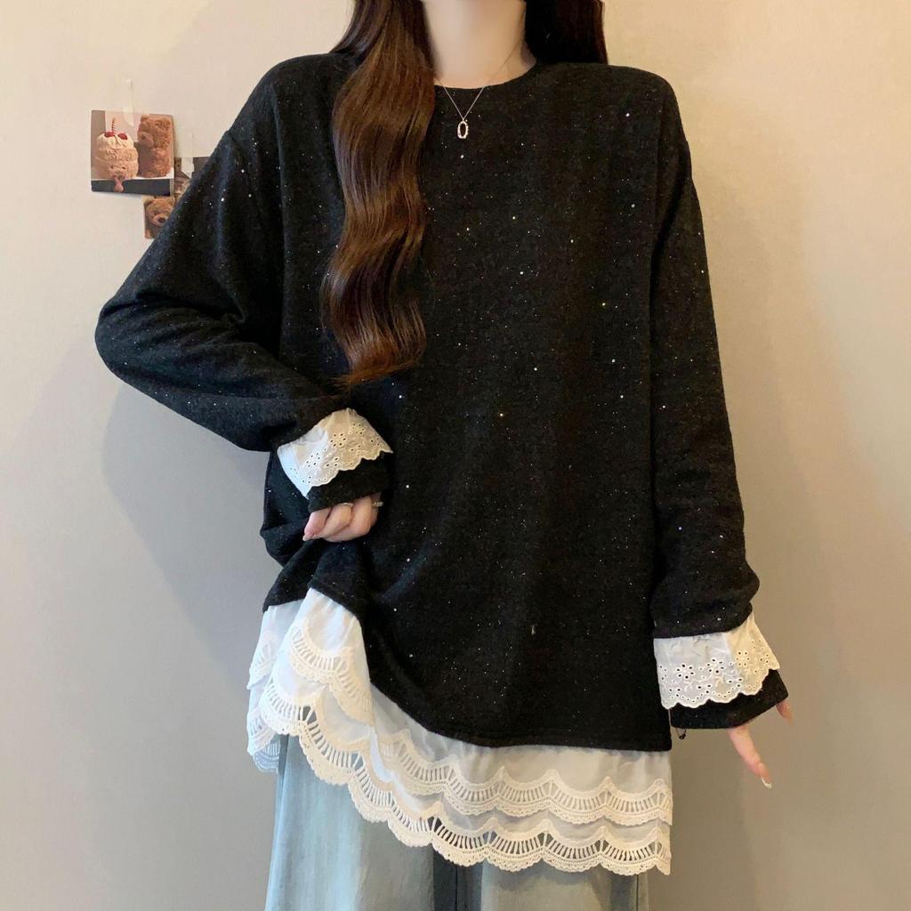 Plus Size Velvet Lace Patchwork Long Sleeve T-shirt for Women, New Autumn/Winter Style, Loose and Flattering Fit