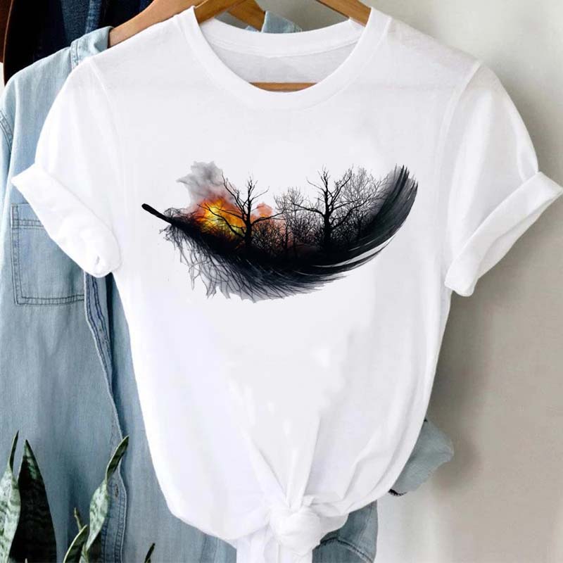 Women's T-shirt Watercolor Feather Graphic Printed T Shirt Women Short Sleeve Tshirt 90s Streetwear Female Clothes Tops