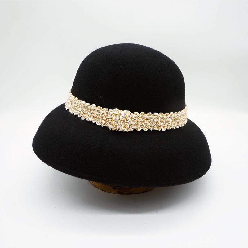 Hepburn Elegant French Retro Black Bell-Shaped Basin Hat Women'S Autumn And Winter Xiaoxiang British Woolen Top Hat Felt Fisherman