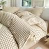 Tan Gingham Grid Duvet Cover Queen 3 Pieces Beige Plaid Duvet Cover 100% Washed Cotton Boho Plaid Comforter Cover with 2