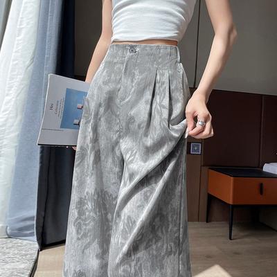 Sommer Damen Vintage Print Leinen Dünn Hohe Taille Weites Bein Hose Hose Mit Tasche