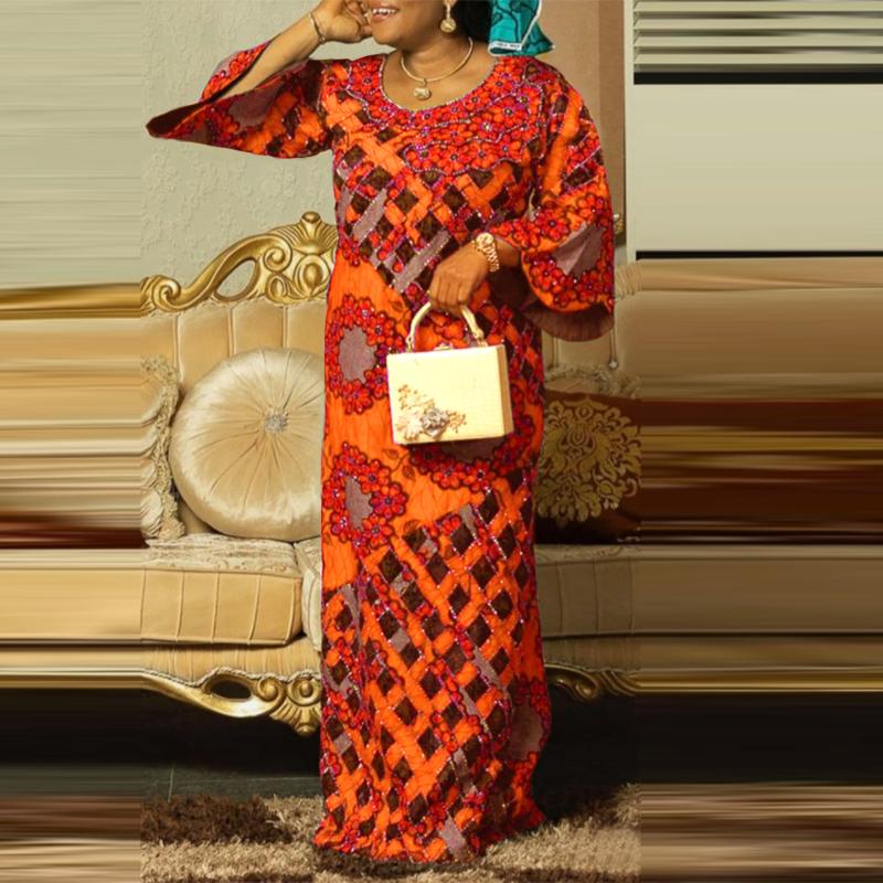 

Женщины плюс размер с круглым вырезом и длинным рукавом с цветочным принтом Свободное длинное платье 4XL оранжевый