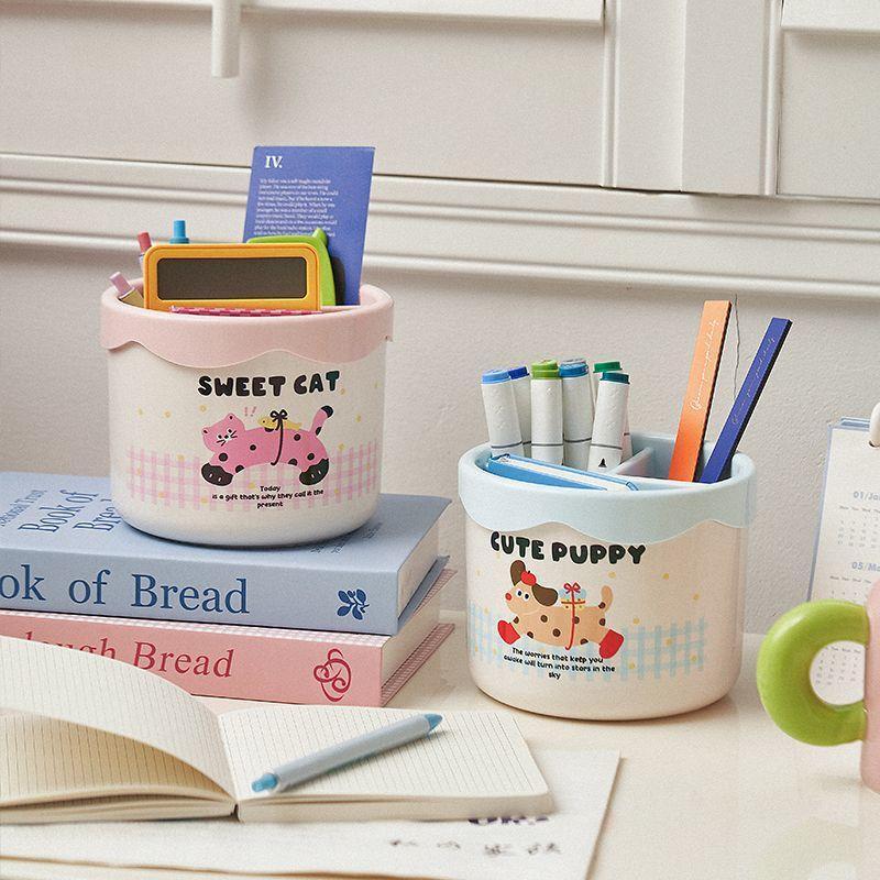 Cute Cartoon Makeup Brush Holder Divided Desktop Storage Organizer For Lipstick Cosmetic Pen Stationery Organizing