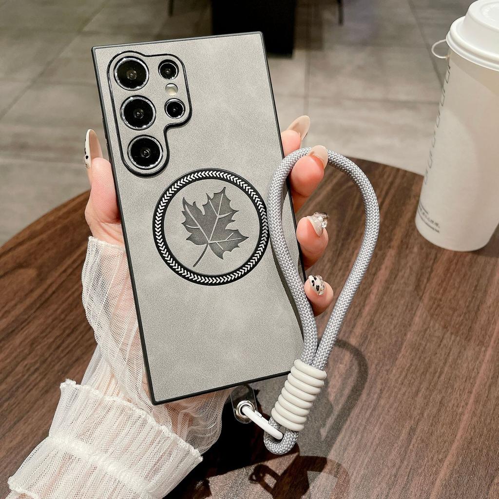 Suitable for Samsung S25Edge Mobile Phone Case Lambskin Maple Leaf S24Ultra Full Inclusive Magnetic Lanyard S23 Protection Case