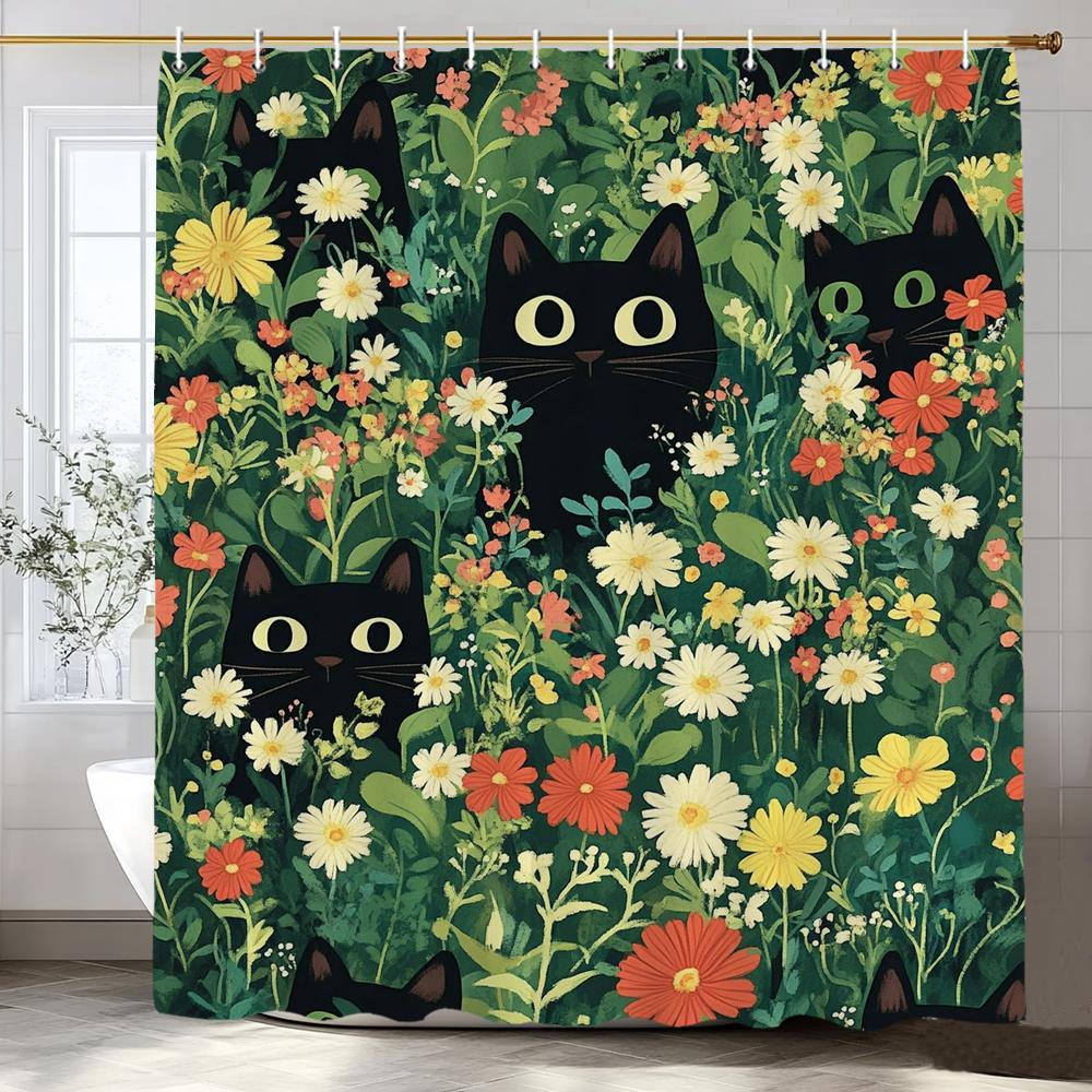 Flowers and Plants Cute Black Cats Shower Curtain, Bathroom Decorative Shower Curtain, Waterproof Shower Curtain with Hooks