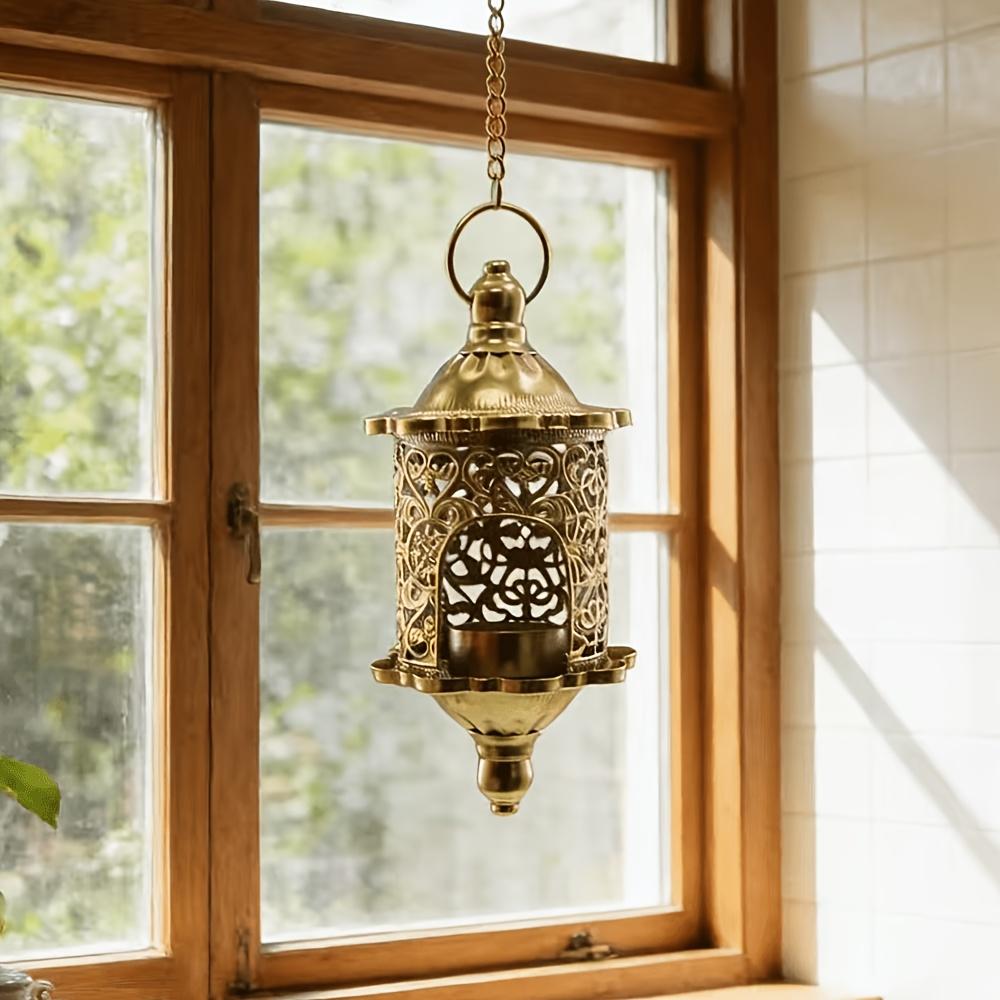 1Vintage Hollow Carved Metal Hanging Candle Holder – Moroccan-style iron art light and shadow projection design creates a cozy atmosphere –