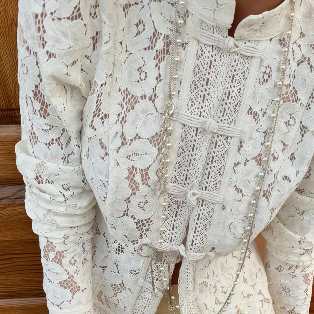 Europäischer & Amerikanischer Stil Froschknopf Spitzenshirt - Stehkragen, Taillenformend, Vielseitiges & Atmungsaktives Oberteil, 2025.