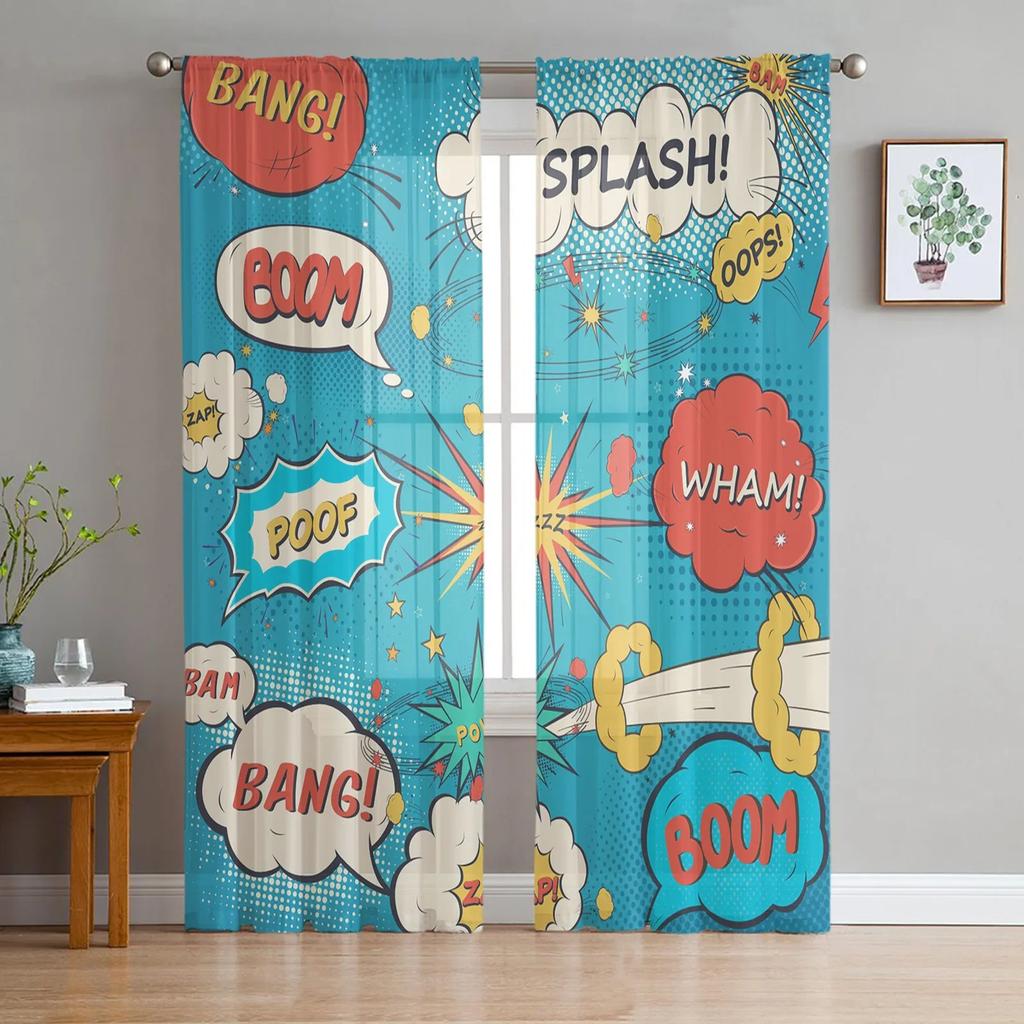 Dialog Box Explosion Tulle Curtains for Living Room Print Sheer Voile Curtain Bedroom Window Screening Drapes Blinds Home Decor