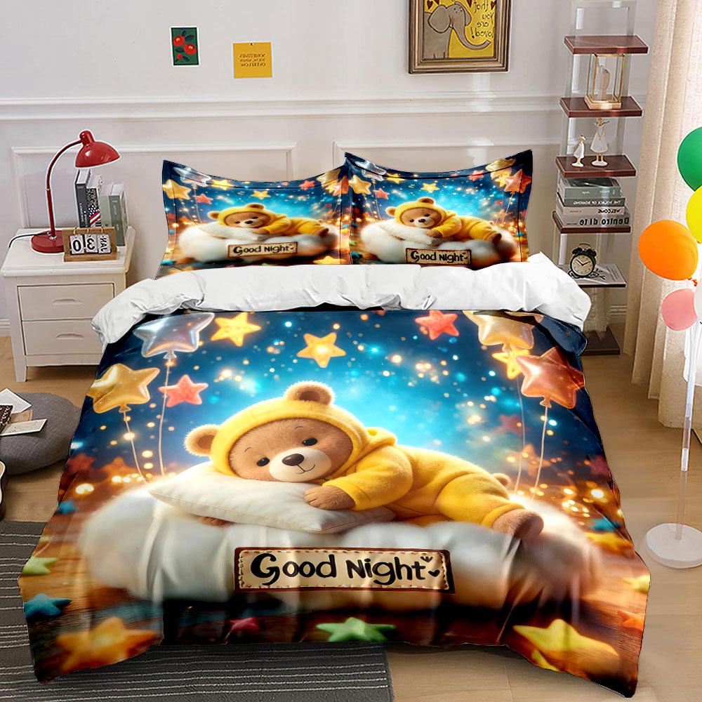 Starry Night Teddy Decoration Set Soft Comfortable Duvet Cover Bedding Set Included 1*Duvet Cover & 2*Pillowcases, Gift
