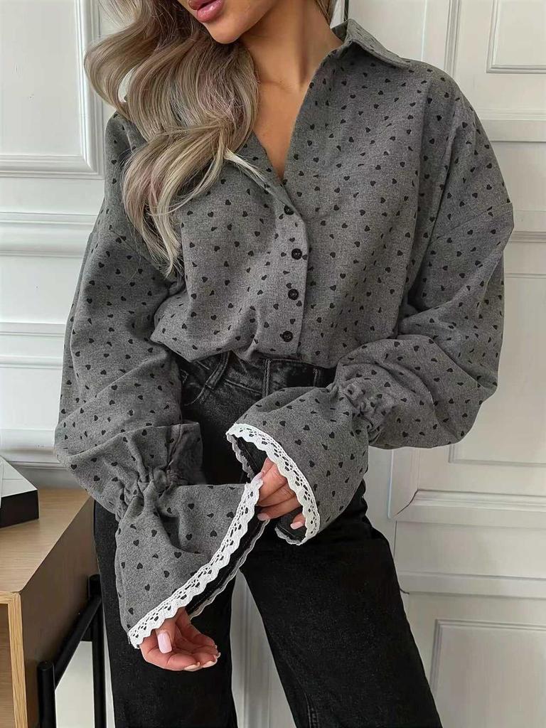 Love Heart Polka Dot Lantern Sleeve Women's Casual Shirt - European American Style