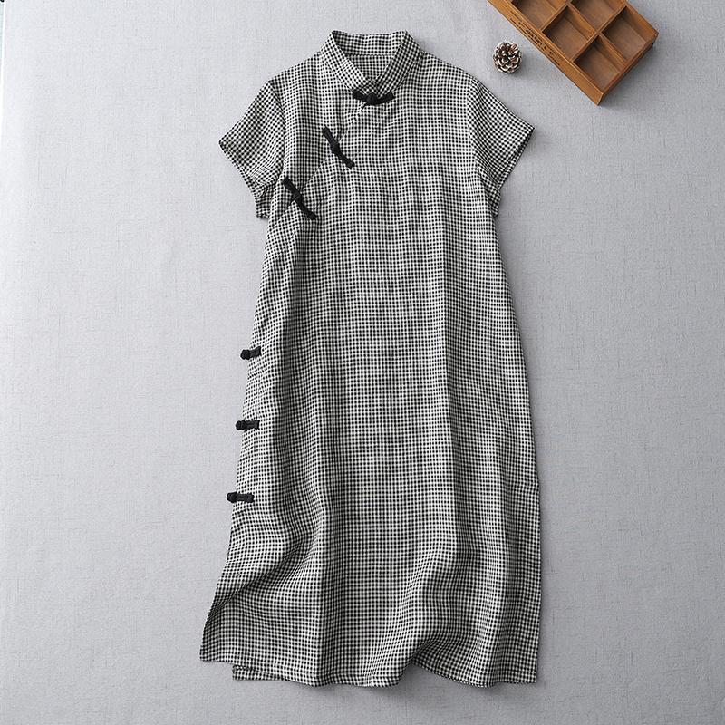 

Black White Plaid Dress Women Slant Collar Button Summer Midi Dresses Short Sleeve A-Line Split M