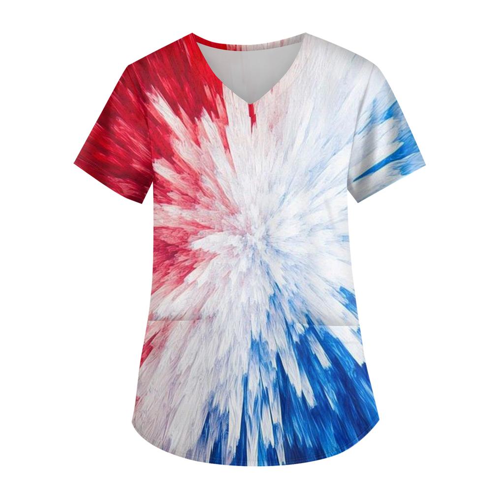 Ladies' Independence Day Printed Fashionable V-neck Pocket Short Sleeved Uniform and Caregiver Top